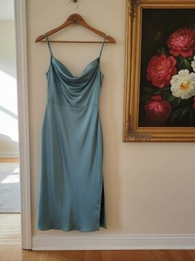VENUS Sultry Light Blue Satin Slip Midi Dress w/Side Slit Size 10